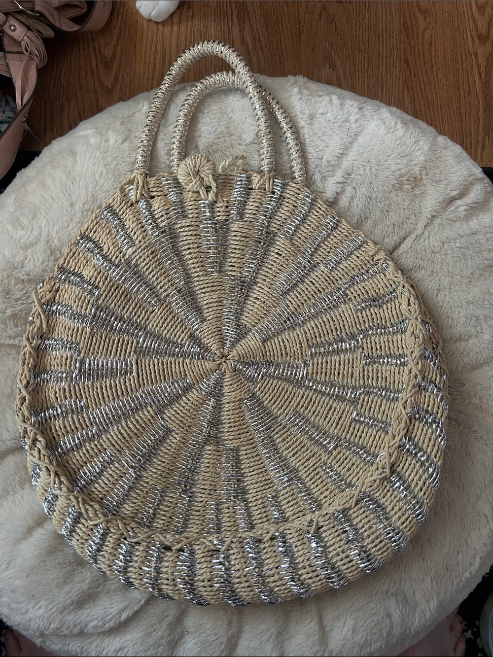New York & Company Natural and Silver Woven Round Satchel